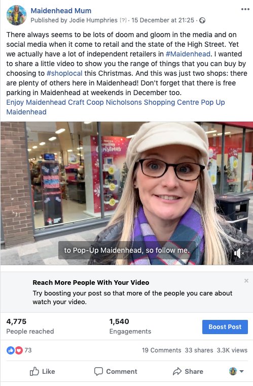 Over on my Facebook page I've been sharing a few videos. I made one about the <a href="/Craft_Coop/">Craft Coop</a> and Pop-Up #Maidenhead: both great places supporting independent and local traders. It's been shared 33 times and has reached nearly 5000 people! Here's the link >> facebook.com/MaidenheadMum/…