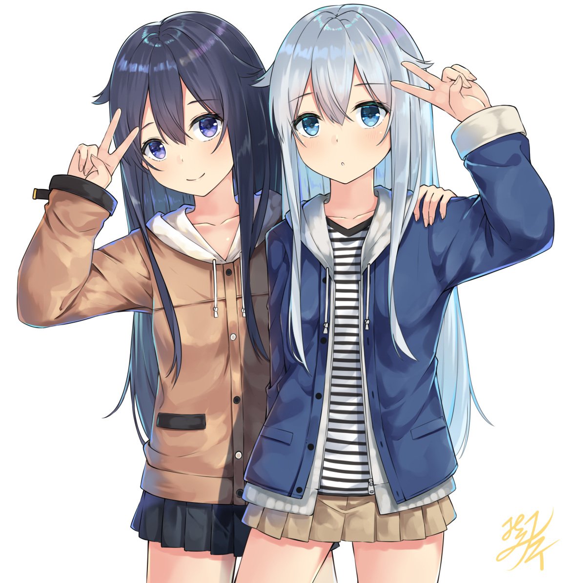 akatsuki (kancolle) ,hibiki (kancolle) multiple girls 2girls long hair skirt striped shirt blue eyes white background  illustration images