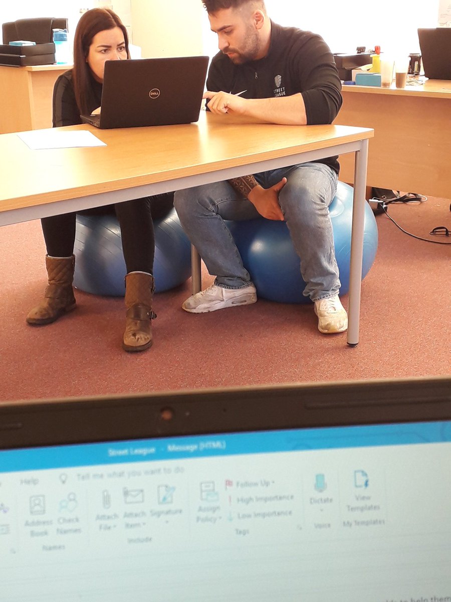 ErinSLdundee's tweet photo. Team dundee working on core strength and posture always with our new office chairs 😂 how long till one falls?? @JordanSLDundee @CherylSLdundee1 https://t.co/R5JRRinFFI