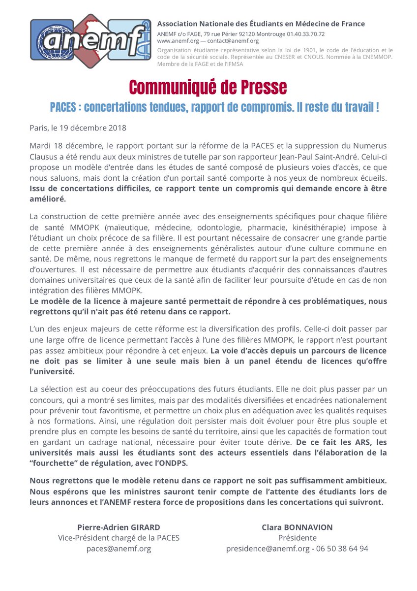 ANEMF's tweet photo. 📣 [CdP] Rapport sur la réforme de la #PACES : 
Issu de concertations difficiles, ce rapport tente un compromis qui demande encore à être amélioré. L'@ANEMF restera force de propositions lors des prochaines concertations pour une réforme #ambitieuse !
https://t.co/Dt2NyN5c0q https://t.co/B44wd6ooNS