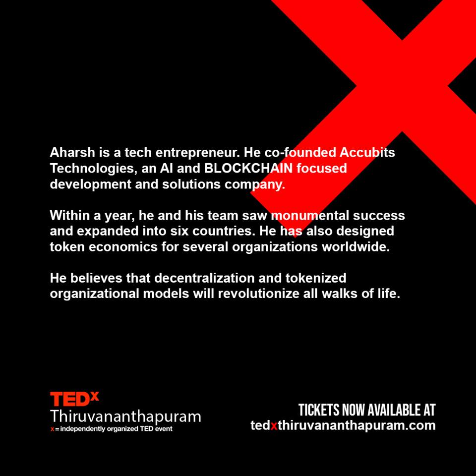 accubits's tweet photo. Mr. @aharshms, CMO of @accubits will be delivering a talk at @TEDxtvm edition on 20th Jan 2019 at UST Global Campus, Trivandrum. Get your tickets today https://t.co/qiFDf5dyrA

To know more: https://t.co/5NFI3SvbjO
#Accubits #7billioncreativeminds #tedxtvm #tedx #tedtalk https://t.co/ir6w8hAqLh
