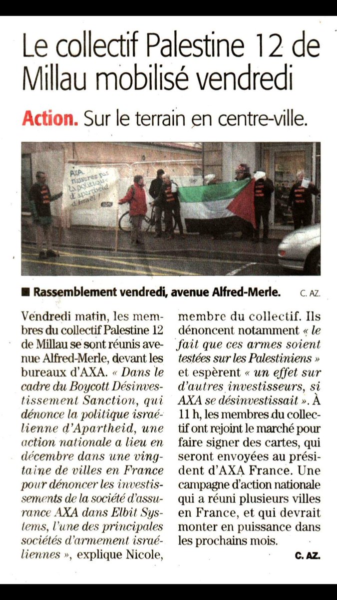 Campagnebds's tweet image. Brève du @Midilibre (édition Millau du 15/12) sur la mobilisation du Collectif Palestine 12 contre le groupe d&apos;assurance @AXA, complice de l&apos;apartheid israélien. #AXAComplicity #EmbargoContreIsraël