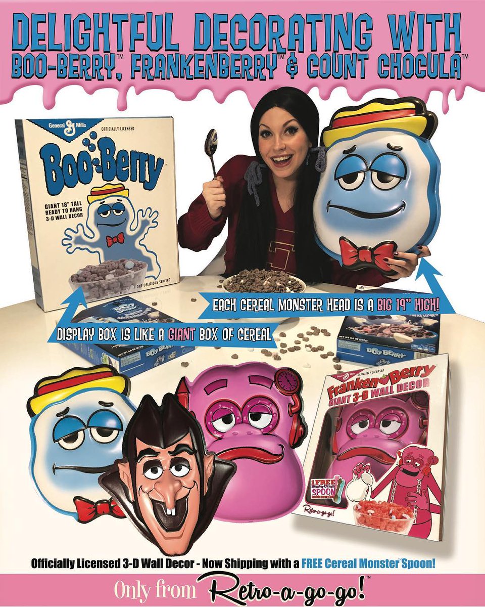 The creative minds <a href="/retroagogo/">Retro-a-go-go!</a> bring the joy of <a href="/GeneralMills/">General Mills</a> #MonstersCereal characters #BooBerry, #Frankenberry and #CountChocula to their #Ghoulsville line of GIANT Wall Decor Masks!  The 19" mask comes in a replica cereal box and includes a FREE Gift Spoon inside!