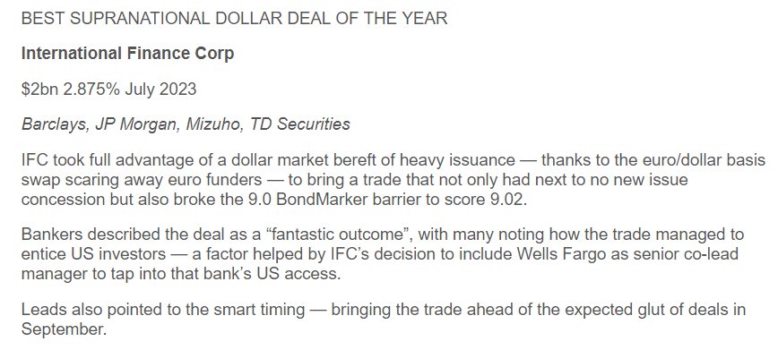 Great news! <a href="/GlobalCapNews/">GlobalCapital</a> awards IFC Best Supranational Dollar Deal of the Year for our $2bn global bond issuance, that unlocks financing to boost private sector in developing countries - creating more jobs, #climate-smart business &amp; women entrepreneurs  globalcapital.com/special-report…