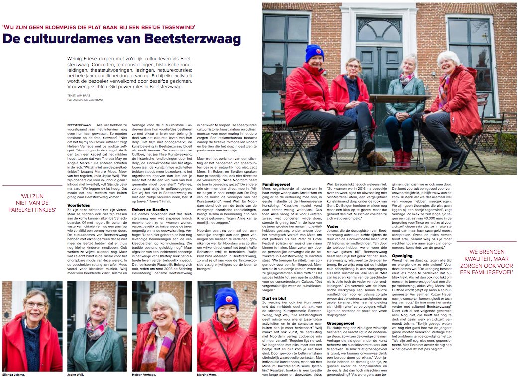 Leuk artikel over de cultuurdames van Beetsterzwaag. Ze zorgen voor een rijk cultureel aanbod en zijn heel belangrijk geweest voor het welslagen van dit bijzondere jaar. Dames (en alle andere betrokken vrijwilligers) bedankt en veel succes en plezier in 2019!
