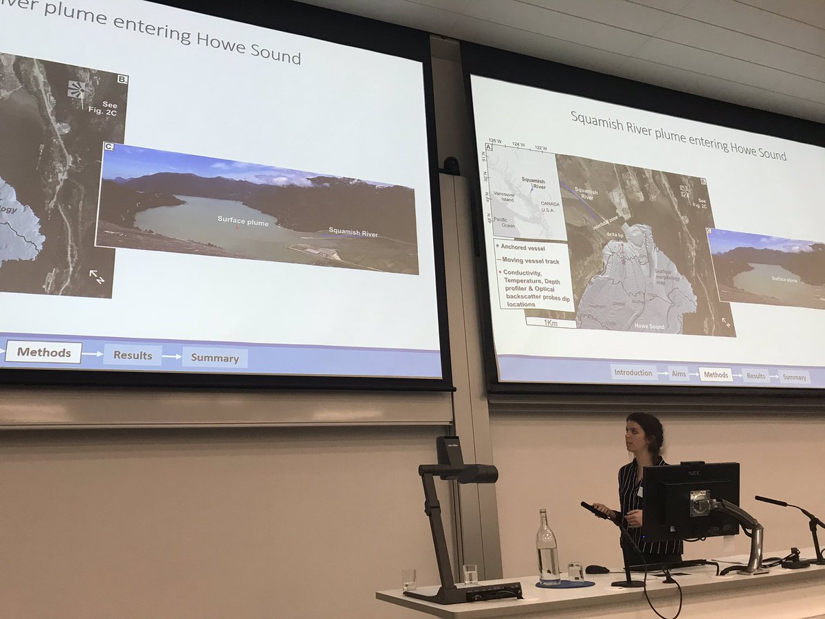 MikeAClare's tweet photo. The fantastic @SophieHageo showing direct measurements of dilute river plumes and the turbidity currents that they trigger #bsrg18 https://t.co/DAZDIal1QR