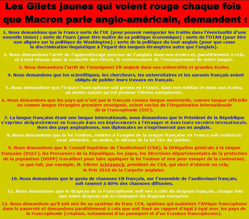 Pasagenoux's tweet photo. Voici les demandes au #Président #Macron, des #GiletsJaunes qui voient #rouge. CC : #anglicisation #Gouvernement #etudiants #France #lycéens #UPR #franceinsoumise #ruffin #EmmanuelMacron @dgccrf @Elysee #CSA #Schrameck @FranceInsoumise @UPR_Asselineau @dupontaignan @dlempereur https://t.co/Fmxi5p5lqP