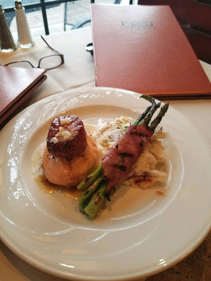 Wednesday’s lunch feature: Crab Stuffed Salmon and one Jumbo Scallop topped with Honey Beurre Blanc. Served with Mashed Potatoes and Prosciutto Wrapped Asparagus. #paseogrill #lunchfeature