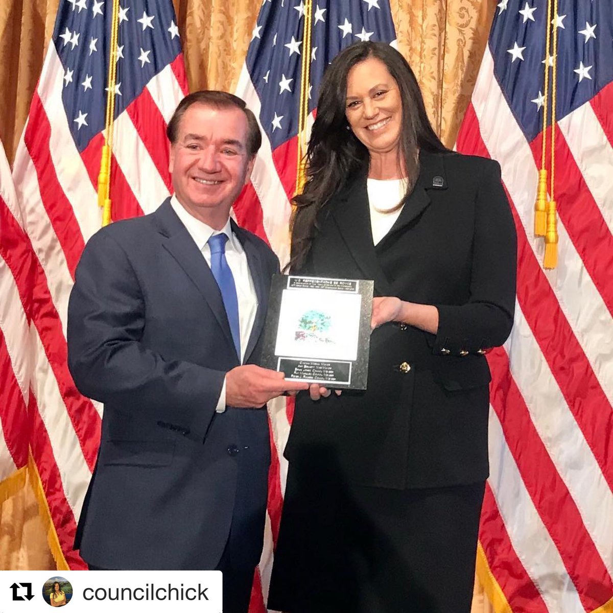 Mayor Cynthia Moran presented outgoing 39th District Congressmen Ed Royce with a City Tile in recognition of his 36 years of service to parts of Orange County, Los Angeles County, and San Bernardino County. #ThankYou