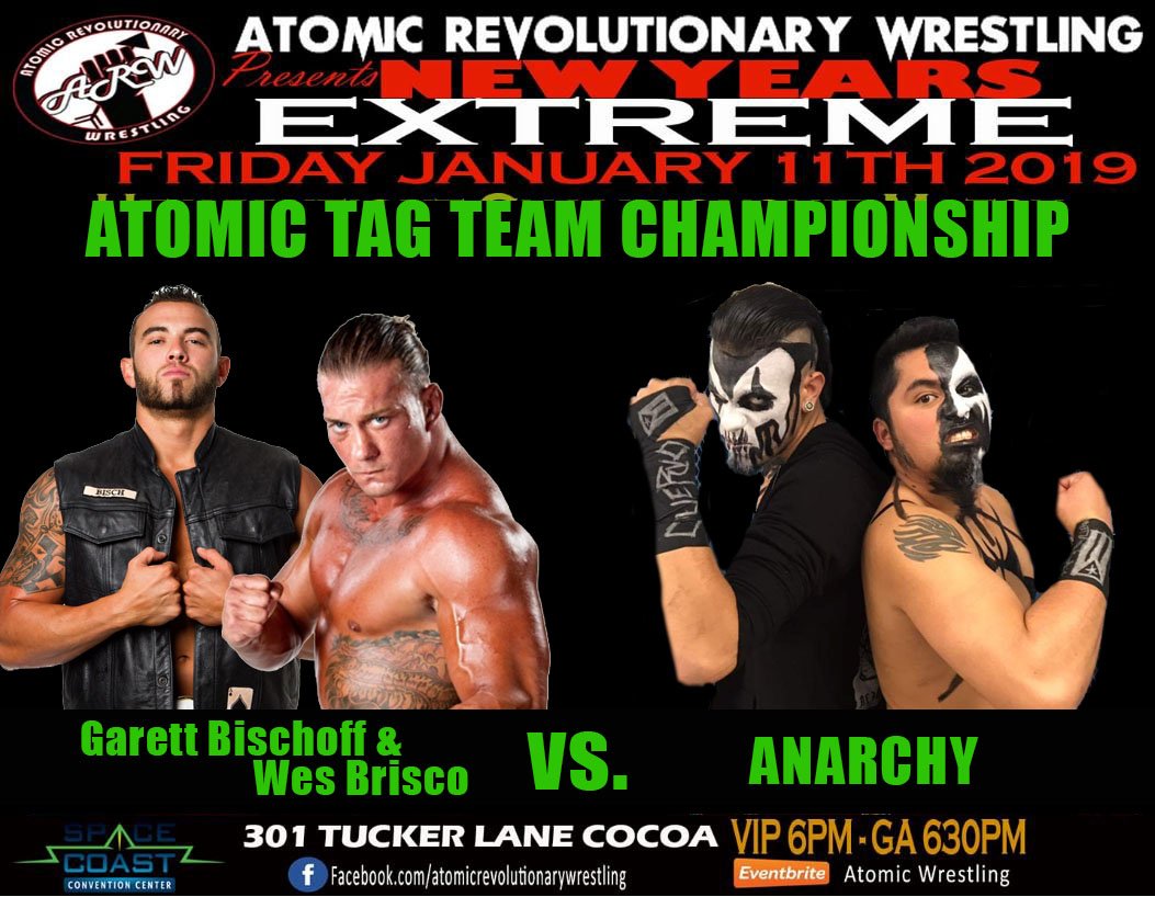 WrestlingAtomic's tweet photo. Friday January 11th at @WrestlingAtomic in Cocoa FL for "New Years EXTREME" the Atomic Tag Team Championships will be on the line! It'll be @GarettBischoff & @Wesbrisco (C) vs. @IAmApoloJr & @Thealex_todd #NewFaceOfEXTREME #AtomicSTRONG https://t.co/l80DwSknct