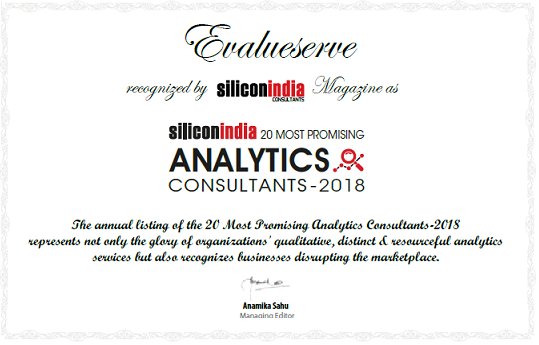 EvalueserveNews's tweet photo. Thank you @SINewsUpdates for featuring us in the "Top 20 Most Promising Analytics Consultants 2018"! https://t.co/wIqZeuRoeH #DataAnalytics #BigData #ActionableInsights #AnalyticsConsulting https://t.co/Xo6VZbDRmy