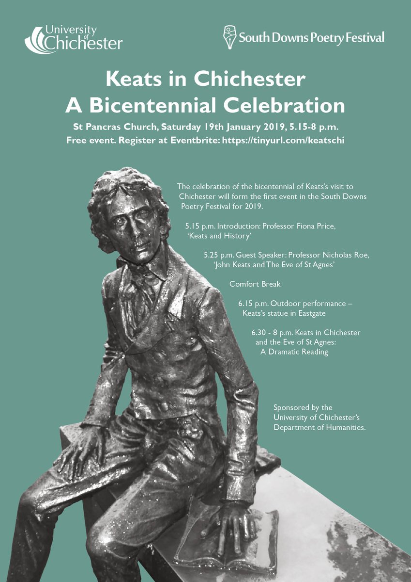 humanities_chi's tweet photo. Looking forward to this on Saturday 19 Jan - Keats in Chichester: A Bicentennial Celebration, kicking off the @SDPFestival. Sponsored by @chiuni 's Department of Humanities - that's us! @Discover_Chi @Chiobserver https://t.co/7VDuwVhEhx