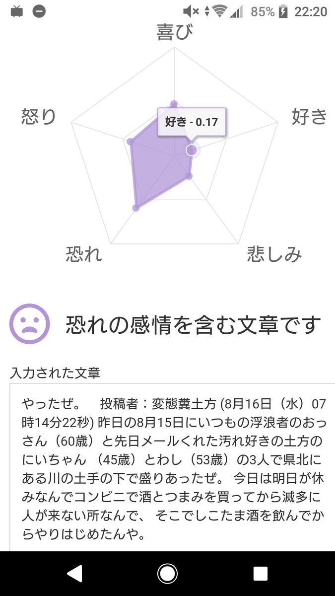 文章から感情を認識するaiに変態糞土方のコピペを分析させた Togetter