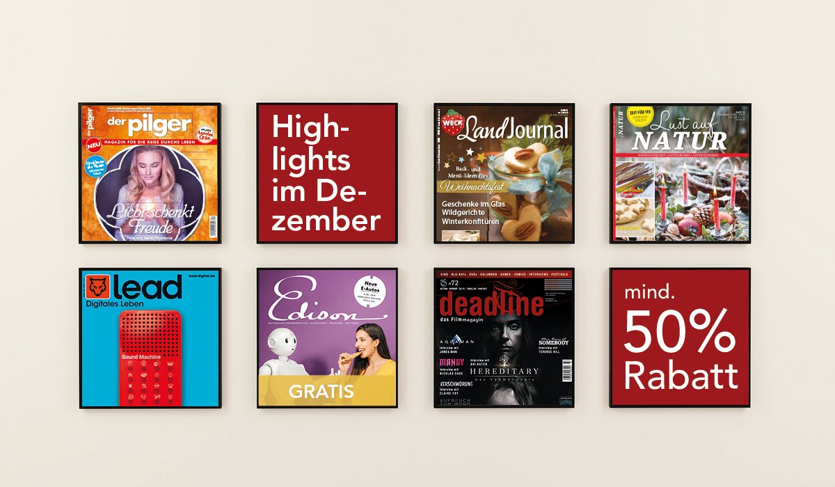 eazersApp's tweet photo. ⏰ Jetzt noch schnell unsere Highlights im Dezember 🎄🔔 sichern. Mit dabei dieses Mal: Der Pilger, @LEAD_digital , DEADLINE, @Edison_Media, WECK LandJournal und Ratgeber Lust auf Natur. #zeitschriften #günstigerlesen #gutscheine #eazers #gratis #rabatt https://t.co/7qwpaHmaBP