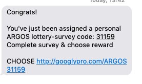 Afroboy360's tweet photo. @Argos_Online - Seems to be a text scam going around, Bizarrely enough it has come through the same means where I have had legitimate Argos text messages #Phishing https://t.co/brkurTD0m4