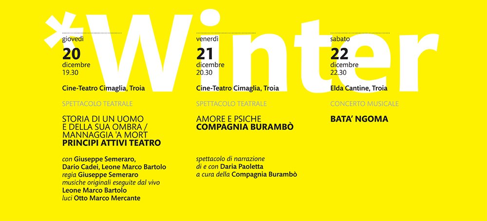 -1 al #Festival #Troia #Teatro *Winter Edition.

Vi ricordiamo che è possibile acquistare i biglietti presso la Caffetteria del Corso da Frenk. Il costo del biglietto degli spettacoli di giovedì 20 e venerdì 21 è di 3 euro.

<a href="/TeatroPubblPugl/">TPP</a> <a href="/pugliaevents/">Puglia Events</a> <a href="/WeAreInPuglia/">WeAreInPuglia</a>