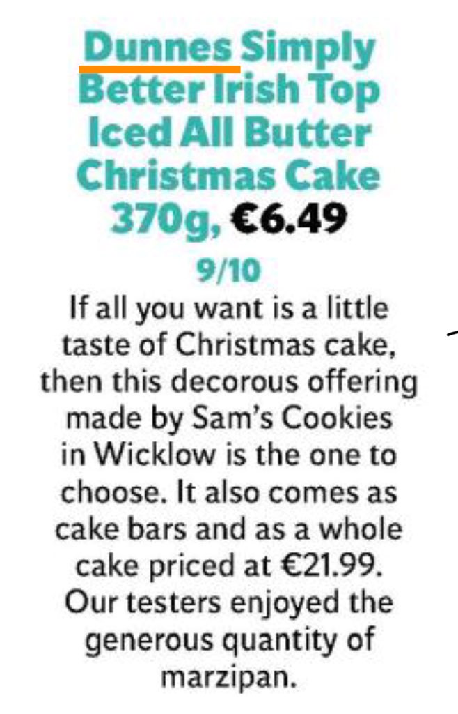 Simply Better at Dunnes Stores (@simplybetterds) on Twitter photo That’s 9/10 in the last <a href="/Independent_ie/">Irish Independent</a> “Taste Test” before Christmas for our Simply Better Irish Top Iced All Butter Christmas Cake. Perfect for “a little taste of Christmas cake”. Made by <a href="/samscookies/">sam</a> in Co. Wicklow. Thank you to <a href="/katymcguinness/">Katy McGuinness</a> for including us. #IrishMade That’s 9/10 in the last <a href="/Independent_ie/">Irish Independent</a> “Taste Test” before Christmas for our Simply Better Irish Top Iced All Butter Christmas Cake. Perfect for “a little taste of Christmas cake”. Made by <a href="/samscookies/">sam</a> in Co. Wicklow. Thank you to <a href="/katymcguinness/">Katy McGuinness</a> for including us. #IrishMade