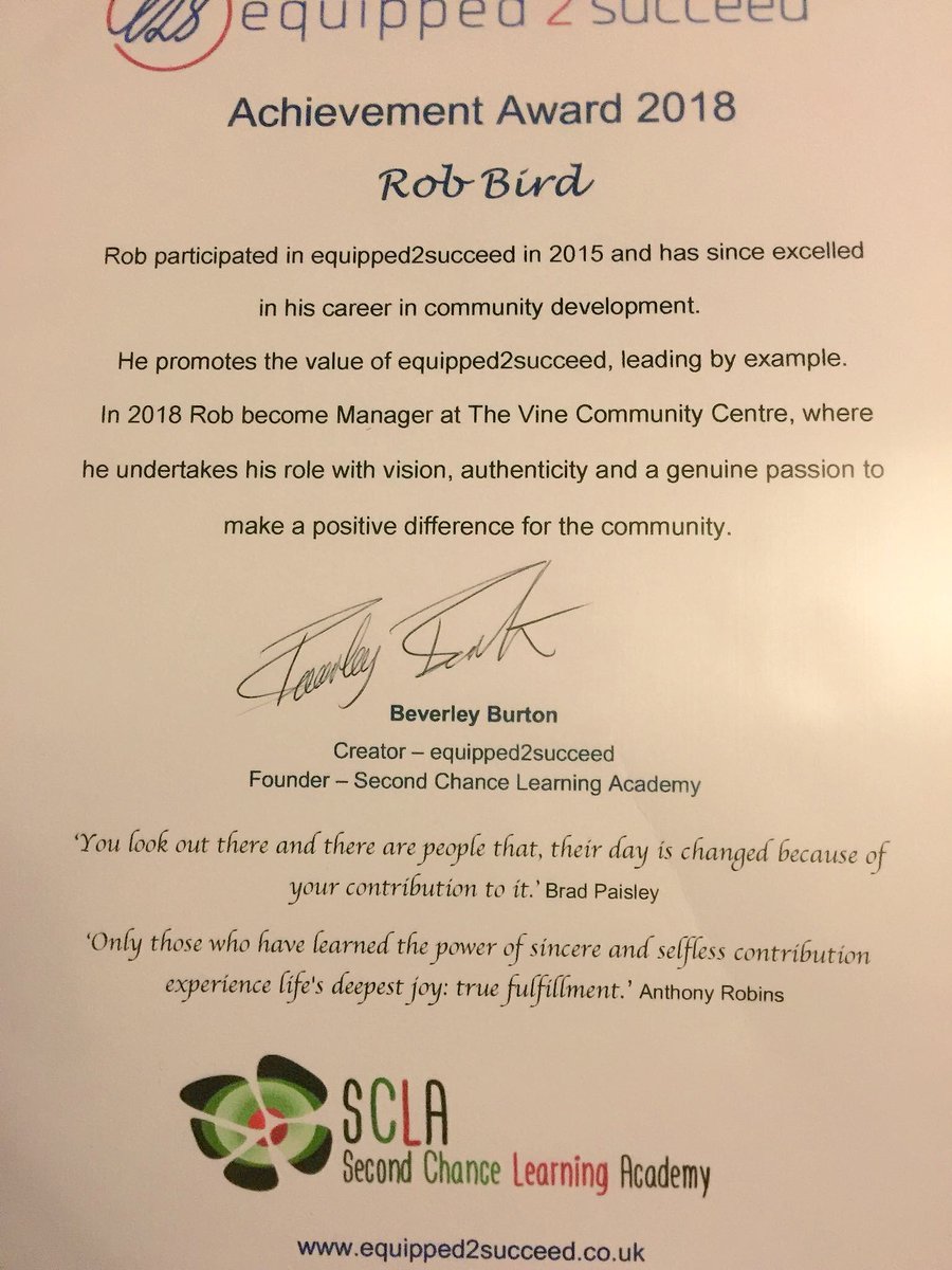 Great <a href="/sclaUK/">SecondChanceLearnng</a> equipped2succeed end of year Celebration Event yesterday <a href="/TheVineCommunit/">The Vine Community C</a> where Manager <a href="/Rob_community/">Rob Bird</a> received an equipped2succeed Ambassador Award in recognition of his journey and inspirational work in the community.