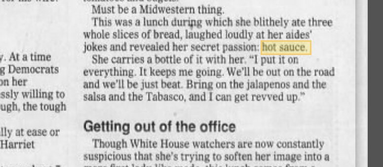 Neither her  @Rosie interview, nor dozens of others (some, like this 1995 Washington Post article, predating not only “Formation,” but even Destiny’s Child) mattered. Many wanted to believe that even Hillary’s love for hot sauce was a cold, calculated political invention for 2016.