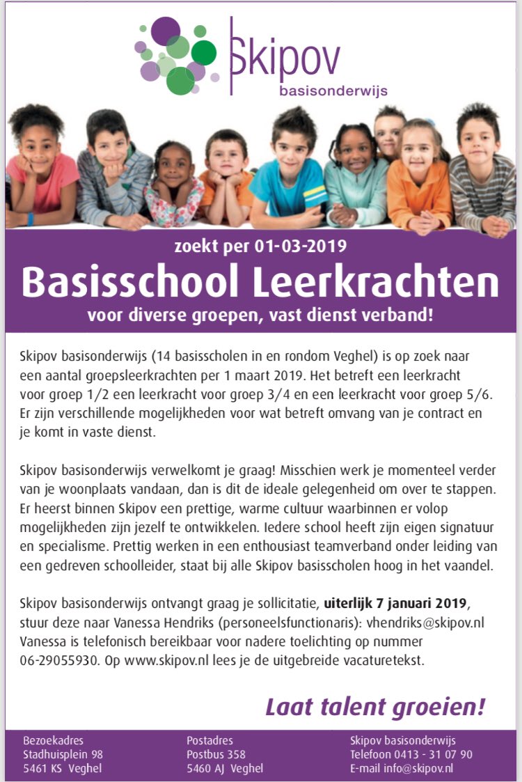 We zijn op zoek naar nieuwe leerkrachten! Iets voor jou ? Skipov basisonderwijs verwelkomt je graag! Of ken je iemand, laat ‘t hem/haar weten. Reageren kan tot 7 januari 2019!