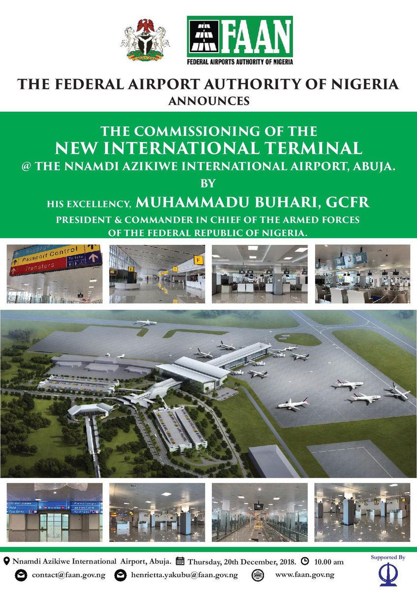 NigeriaGov's tweet photo. Tomorrow at 10am, President @MBuhari will commission the new International Terminal of the Nnamdi Azikiwe International Airport, Abuja.

@FAAN_Official 

#TheYearOfInfrastructure https://t.co/3QMCsNGLBn
