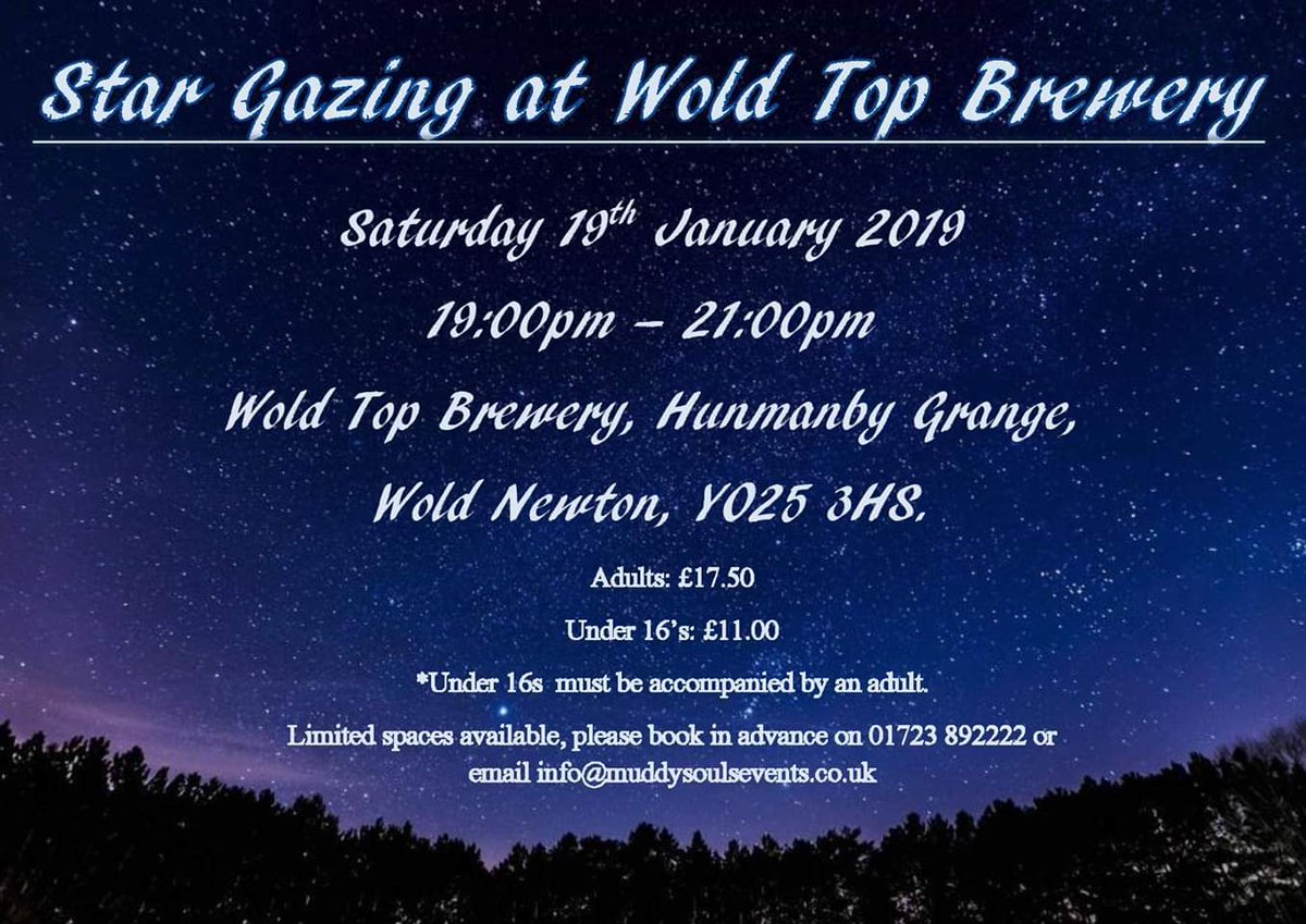 We are pleased to announce we are joining forces with <a href="/MuddySouls/">Muddy Souls Events</a> <a href="/woldtopbrewery/">Wold Top Brewery</a> for #stargazing events with the first in Sat 19th Jan. Places limited so book ASAP to avoid disappointment.