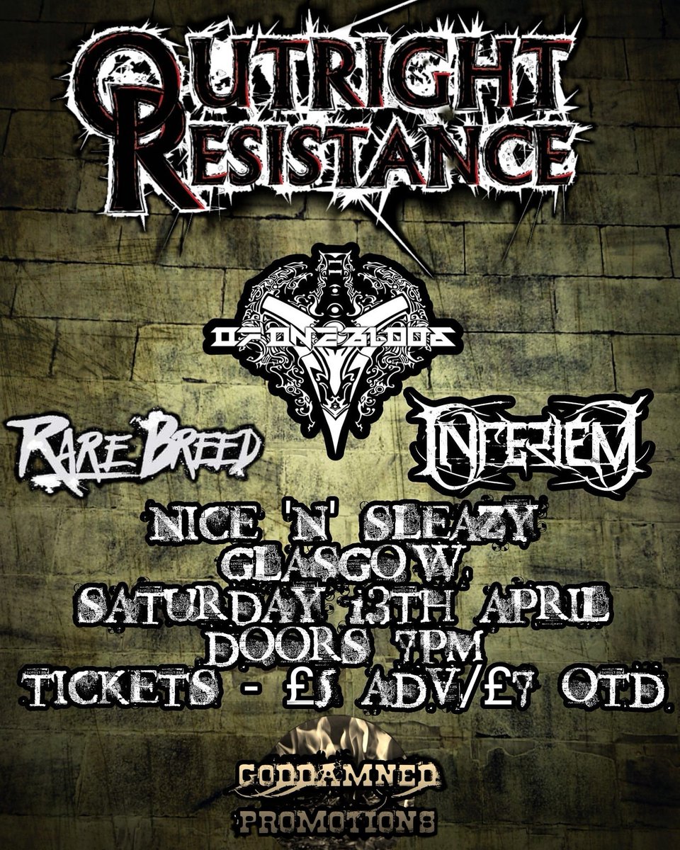 HHLscotland's tweet photo. **ANNOUNCEMENT**

Of One Blood join the support for Outright Resistance's headline show in #Glasgow alongside Inferiem and Rare Breed
@OR_Band
@Of1Blood 
@Inferiemband 

#metal #metalcore #gigsinglasgow #livemusic #glasgowgigs #scotland #metalmusic #localmusic https://t.co/XesE2FNc3Z