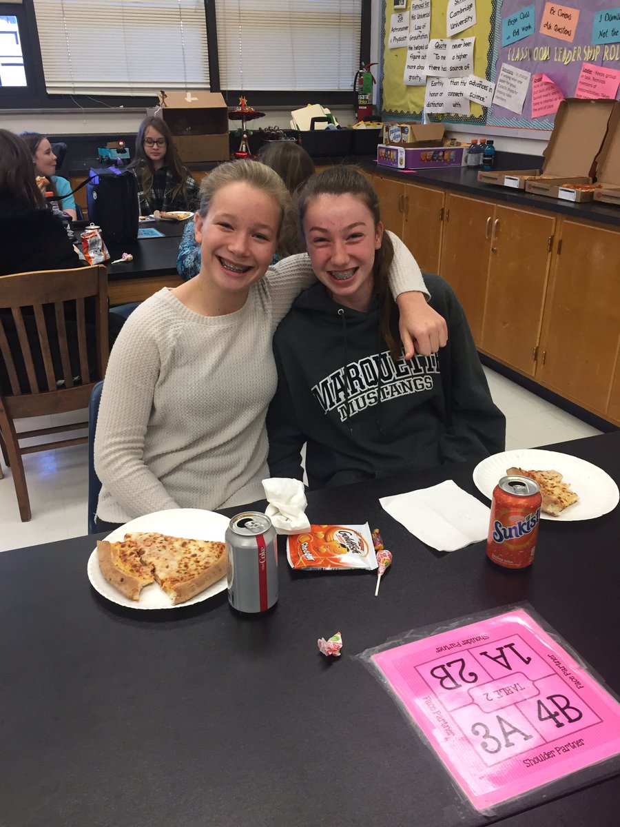 MissBunyard's tweet image. As part of our 8 Blue Celebration of goals we had a raffle to win a pizza party with 8 blue teachers. These students brought a friend and enjoyed lunch yesterday! #CMS8BlueScience
