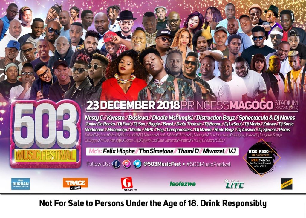 nokuphiwaNN's tweet photo. #503MusicFestival
Sunday 23rd December @PRINCESS MAGOGO STADIUM  (KwaMashu). 

Gates open at 15:00 till late

Cooler Boxes Allowed before 9PM at R100

Tickets available @computicket R150 General // R300 VIP ,Also available at the gate

#503MusicFestival #RoadTo503 https://t.co/bqO2SuI3V1