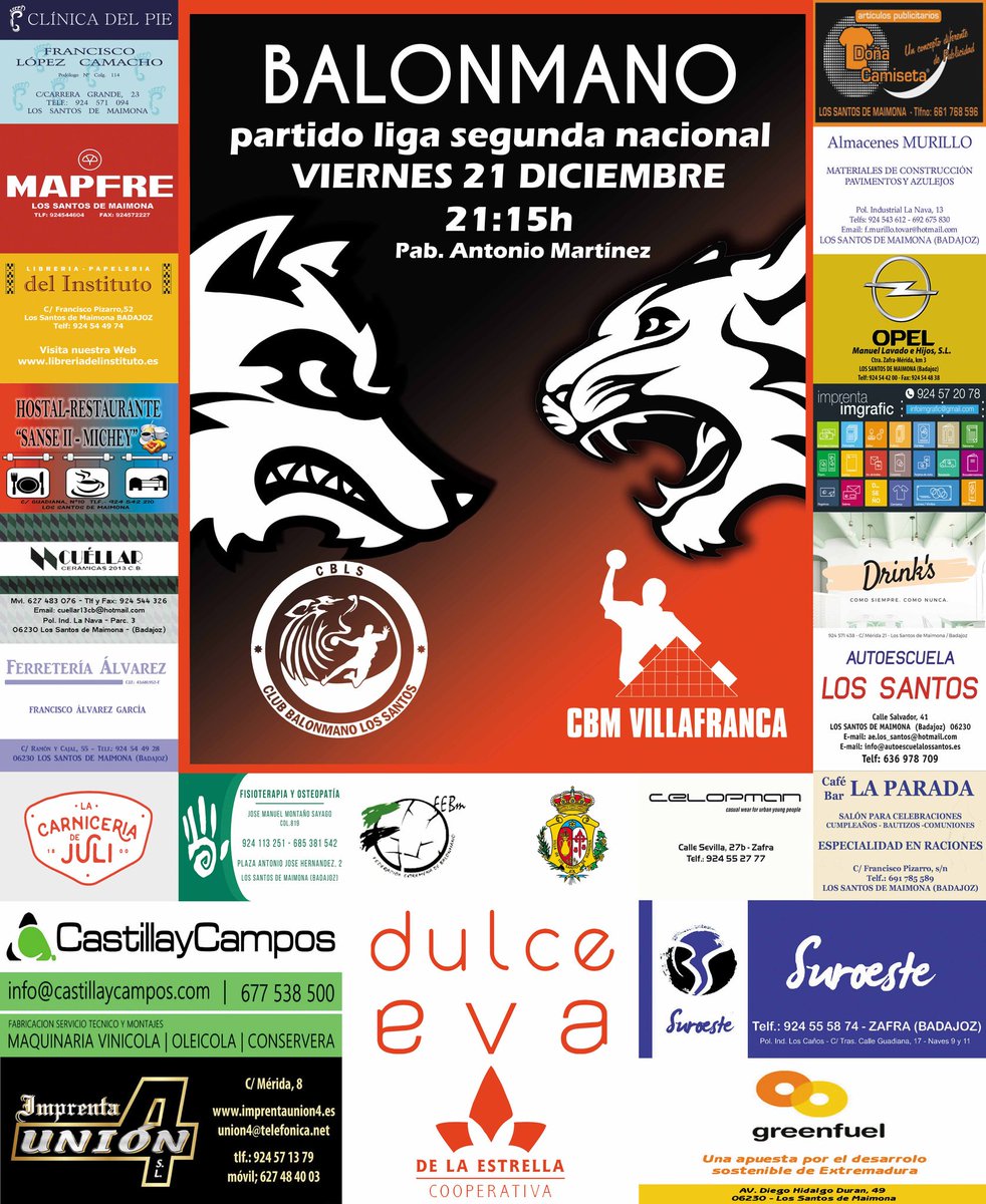 🤾#BALONMANO #Liga #2ªNacionalMasculina
<a href="/fexbm/">Federación Extremeña de Balonmano</a>
🏆 Liga. Jornada 9. 2ª División Nacional
📌 Categoría Sénior Masculino
🗓️ Viernes 21/12/2018
⏱️ 21:15 h.
🏐 CBLS 🆚  <a href="/cbmvca/">Club Balonmano Villafranca Extremadura</a>
🏟 Pabellón Municipal Antonio Martínez