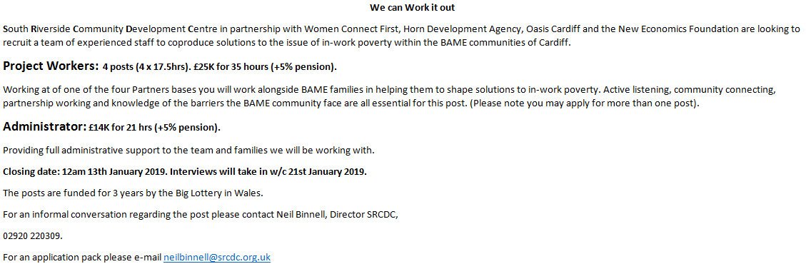 C3SC's tweet image. @SRCDC_Cardiff #ProjectWorkers (4 x 17.5hrs). #Working at 1 of 4 Partners bases, alongside #BAME #families #helping to shape solutions to in-work #poverty. #Administrator 21 hrs #administrative support to team &amp;amp; families. Closing 13/01/19 please e-mail neilbinnell@srcdc.org.uk