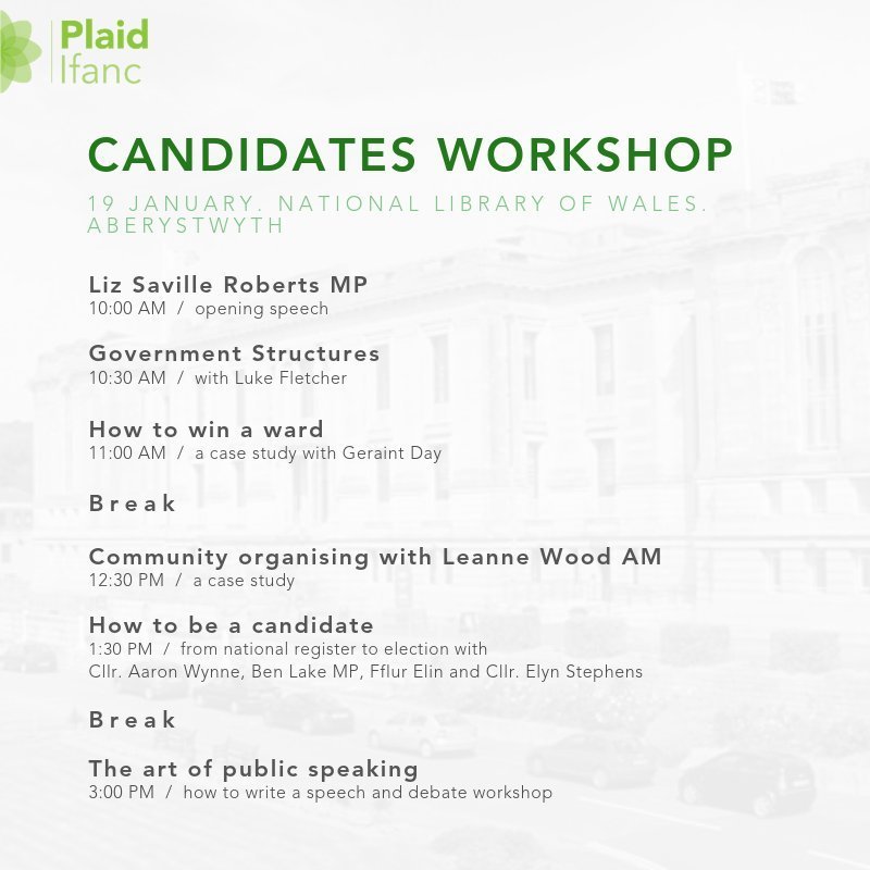 Want to represent your community, stand for office or get involved in grassroots campaigning? Come to <a href="/plaidifanc/">Plaid Ifanc 🏴󠁧󠁢󠁷󠁬󠁳󠁿</a>'s Candidate Workshop on 19 Jan. in Aberystwyth. Open to all Plaid Cymru members 14-30. Travel and accommodation is paid for. Register now: goo.gl/forms/50lg8YBn…