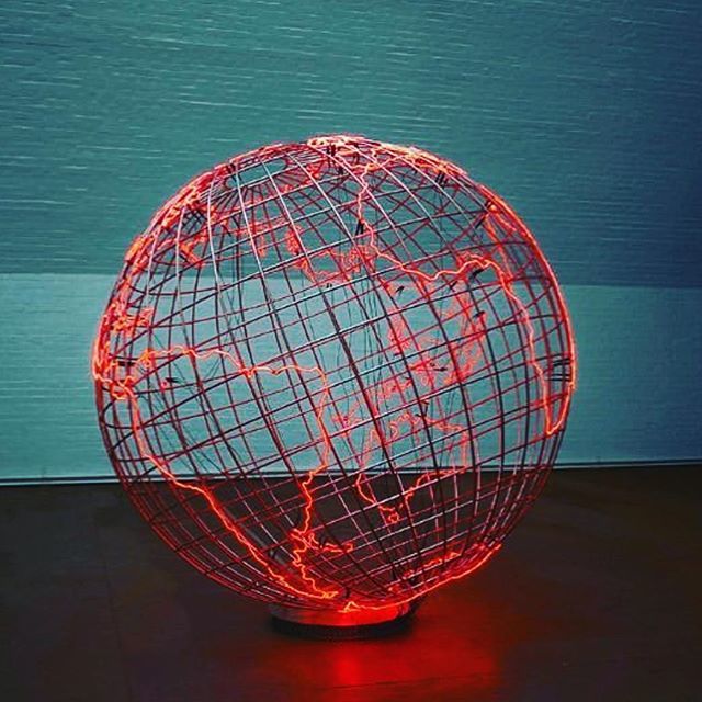 Mona Hatoum -Hot Spot 
Hatoum’s message is clear, the earth, represented by a spherical cage-like structure is full of unrest, political conflict. 
The colour red takes it even further, suggesting the earth is ablaze and everybody is affected. Global war… ift.tt/2EGeuSk