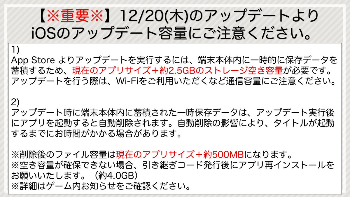 ダンまち メモリア フレーゼ Ios 版をご利用のお客様へ 本日実施予定となるver 5 2 0アップデートにおいて App Storeの審査ガイドライン変更のためアプリのファイル容量が変更されます アップデートを行う際は Wi Fiをご利用いただくなど通信容量 ダンまち メモリア フレーゼ Ios 版をご利用のお客様へ 本日実施予定となるver 5 2 0アップデートにおいて App Storeの審査ガイドライン変更のためアプリのファイル容量が変更されます アップデートを行う際は Wi Fiをご利用いただくなど通信容量