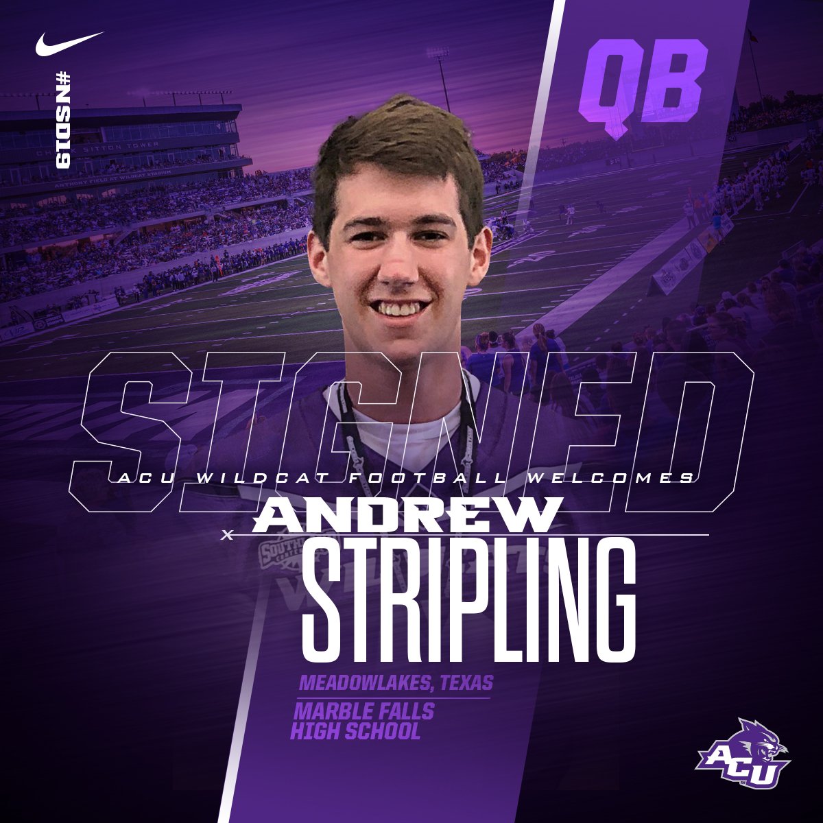 ACUFootball's tweet photo. QB @andrew_strip out of Meadowlakes, TX has officially signed. Welcome to the family. #GoWildcats https://t.co/en4PIQKVbj