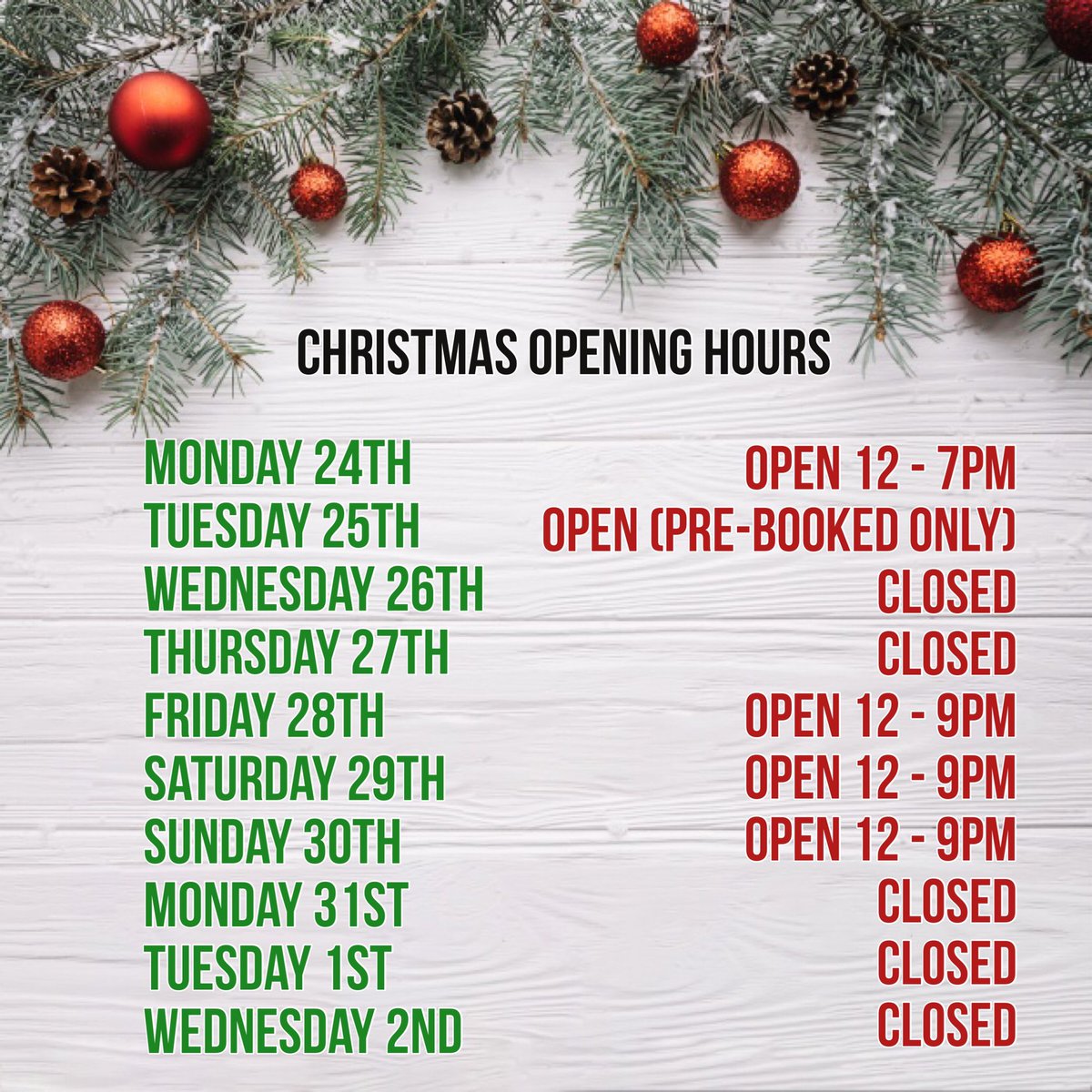 cutandgrill's tweet photo. Christmas and New Year Opening Hours - 3rd January onwards we’ll be open 5 days a week as usual 🎄#happyholidays https://t.co/NJxVobfHUE