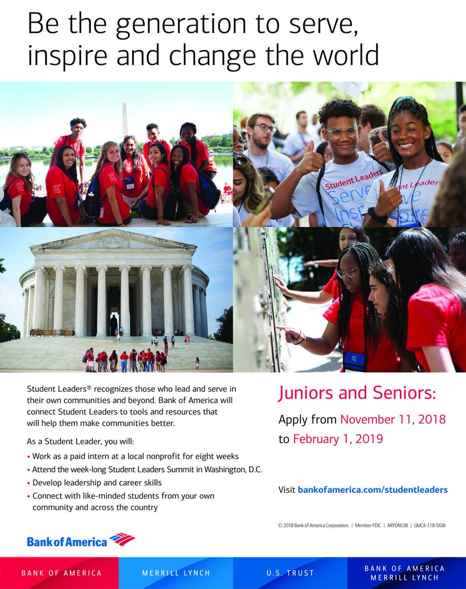 The <a href="/BankofAmerica/">Bank of America</a> Student Leaders® Program will be offered in #Triad in 2019! If you know of any community-minded high school juniors and seniors in Forsyth &amp; Guilford Counties only, have them apply now through 2/1/19 at   bankofamerica.com/studentleaders