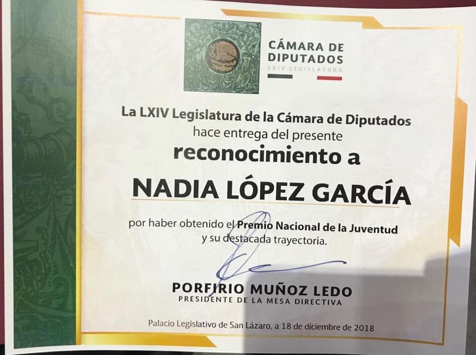Camara De Diputados Twitterren El Diputado Presidente Pmunozledo Entrego Reconocimiento A Nadia Lopez Garcia Por Haber Obtenido El Premio Nacional De La Juventud Https T Co Bv3hwbu6k7