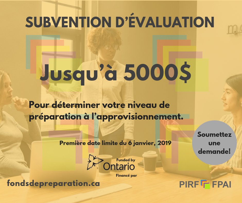PIRF_FPAI's tweet photo. Êtes-vous une entreprise sociale opérant en Ontario?
Soumettez une demande @PIRF_FPAI pour la
Subvention d’évaluation! #SocEnt #PIRF https://t.co/8Hglk3UuXd
