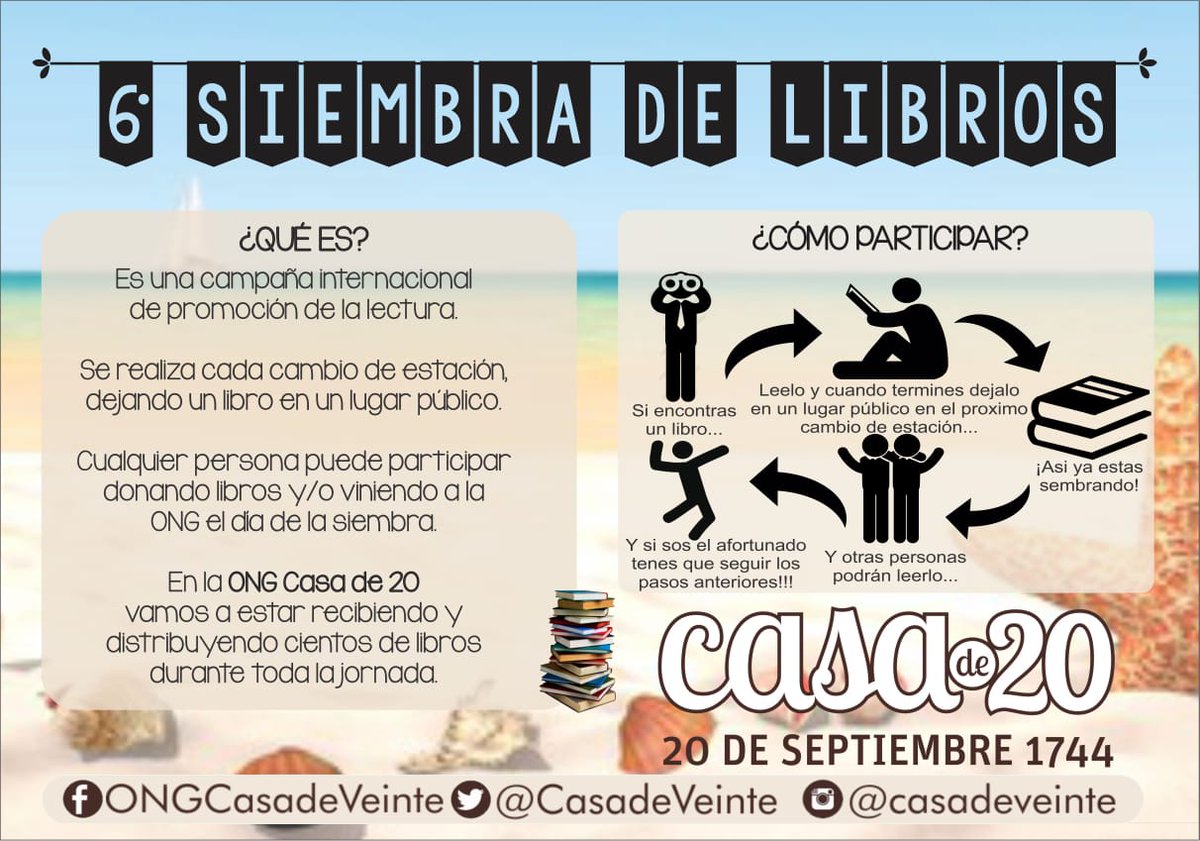 CasadeVeinte's tweet image. Falta muy poco para la 6ta Siembra de Libros MDP! 
Hasta las 19 hs estamos recibiendo libros, en especial infantiles para los peques lectores 💪📚📖 
20 de septiembre 1744
#SiembraDeLibrosMDP 
#LibrosPerdidosMDP 
@LBonifatti @MMariaDivi @RevistaLeemos