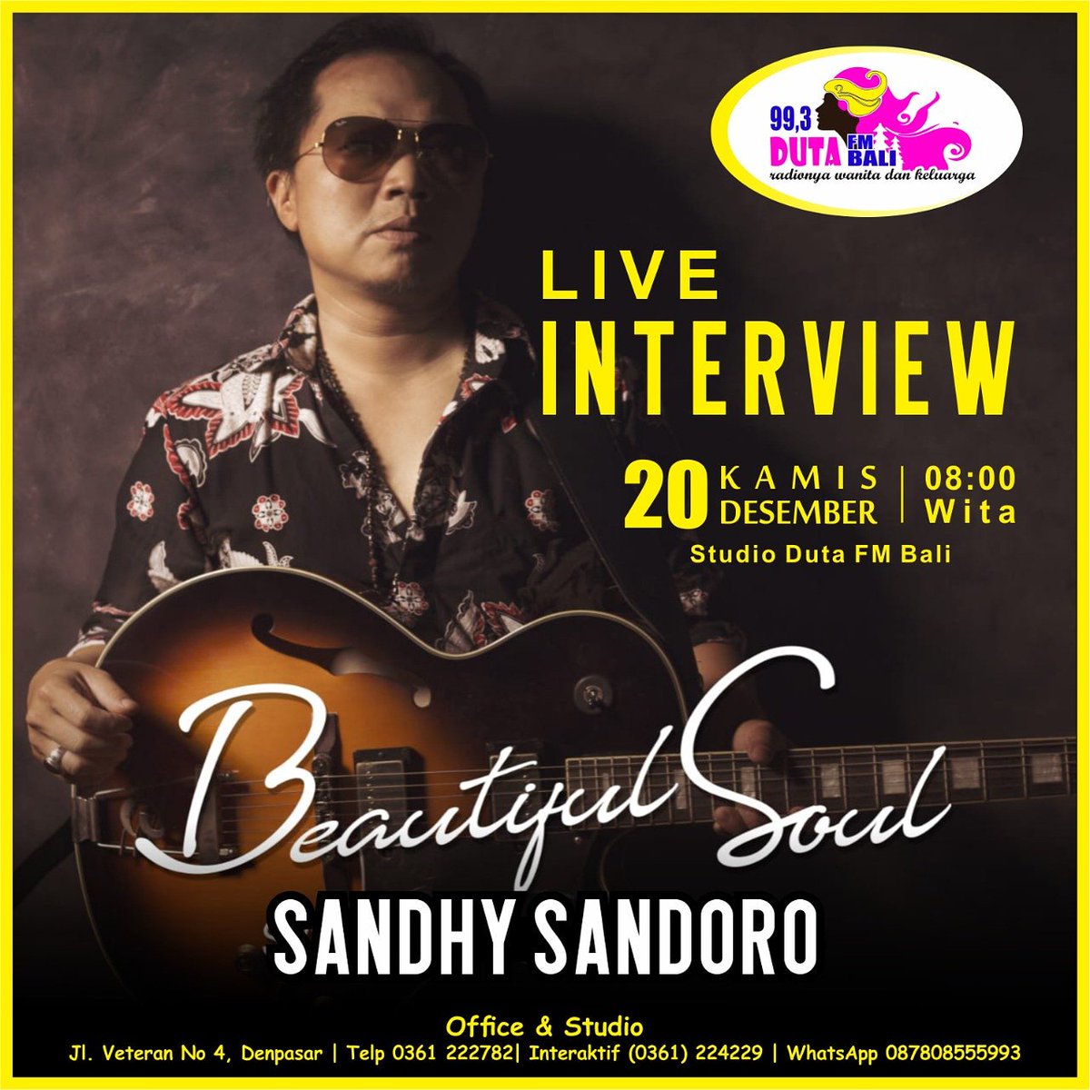 Live interview <a href="/sandhysondoro/">Sandhy Sondoro</a> Kamis 20 Desember 2018 pk
08.00 wita di @dutafmbali.

#inspirasiradioduta #dutafmbali #radiodutafmbali #radiobali #radiowanita #radiokeluarga #radionyawanitadankeluarga #radionomer1aslibali #liveinterview #interviewartis