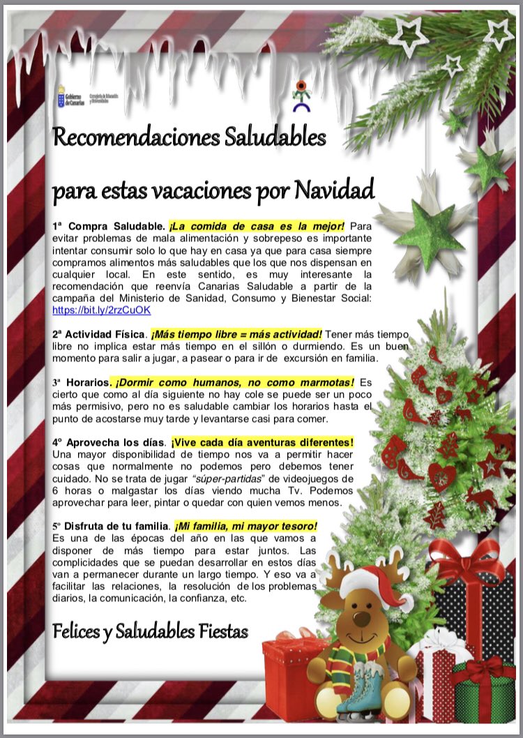 CEIPCaminoVilla's tweet photo. 💪🏼 #RCEPS | El @CEIPCaminoVilla, desde la Red Canaria de “Escuelas promotoras de salud”, quiere compartir con ustedes unas recomendaciones saludables para estas fechas navideñas.
#EnElCamino https://t.co/lDnY72L5Hi