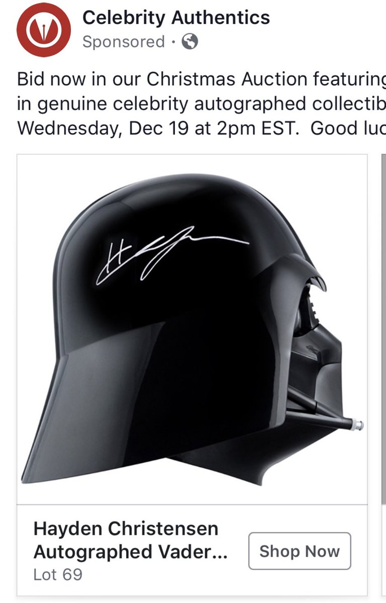 abidederek's tweet photo. Hot take @au_radio since you’ve abandoned your public until Jan!! Of all the Star Wars memorabilia I would spend $ on, A Hayden Christensen Auto Vader Mask is NOT one of them!! Your thoughts? #notmyvader https://t.co/i9JL7RPCmv