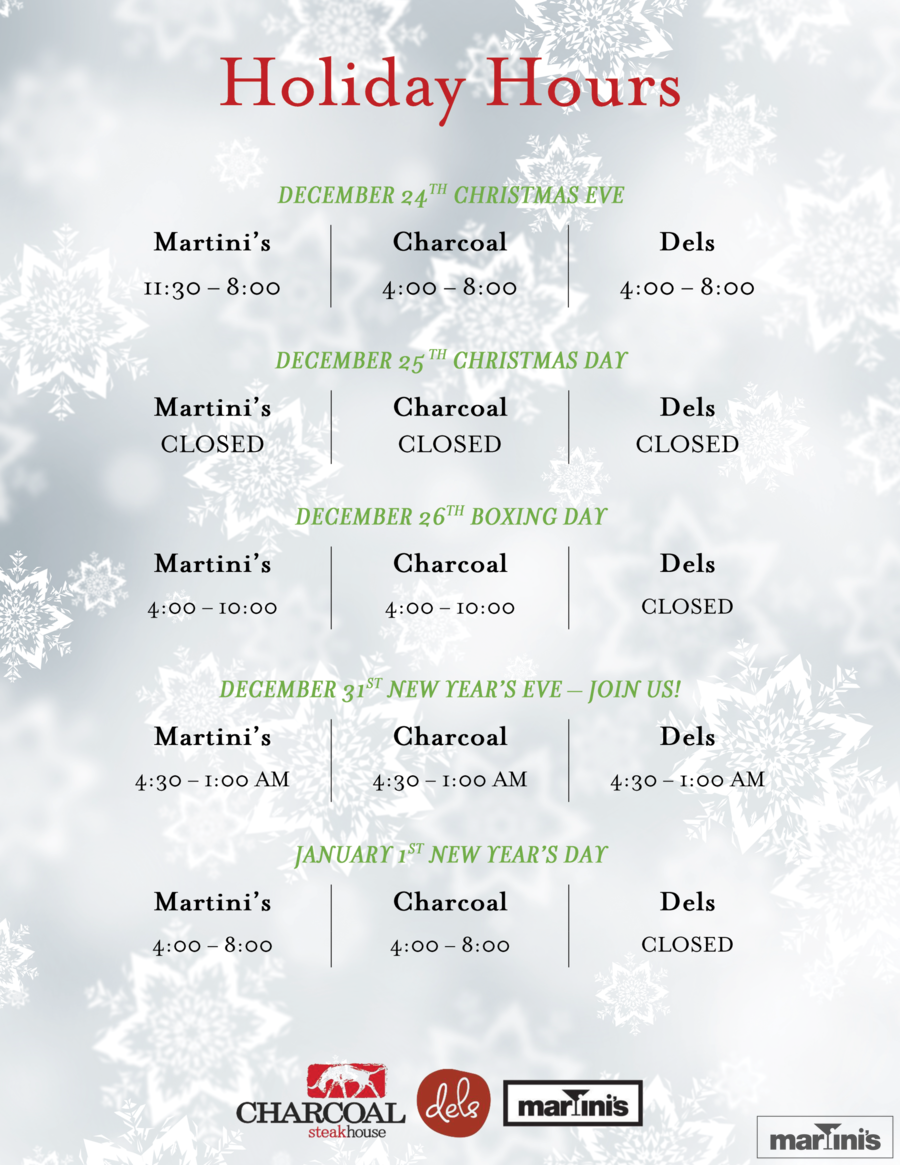 martinisrest's tweet photo. Upcoming Holiday Hours for Martini's and our sister restaurants! Still time... https://t.co/i85j4tcZZI https://t.co/MMQgJQhdNB