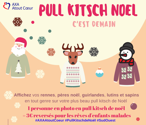 A_Duvignac's tweet photo. J-1⏱️: Amis d'#AXA #SudOuest, demain  à Pessac &amp; Balma on sort son légendaire #pullkitschdenoel (ou on customise son pull de ski🧥, ça marche aussi !) Et 3€ seront reversés par #AXAAtoutCoeur pour réaliser les rêves d'enfants, alors à vos photos 📸! https://t.co/L3fkBagBEO