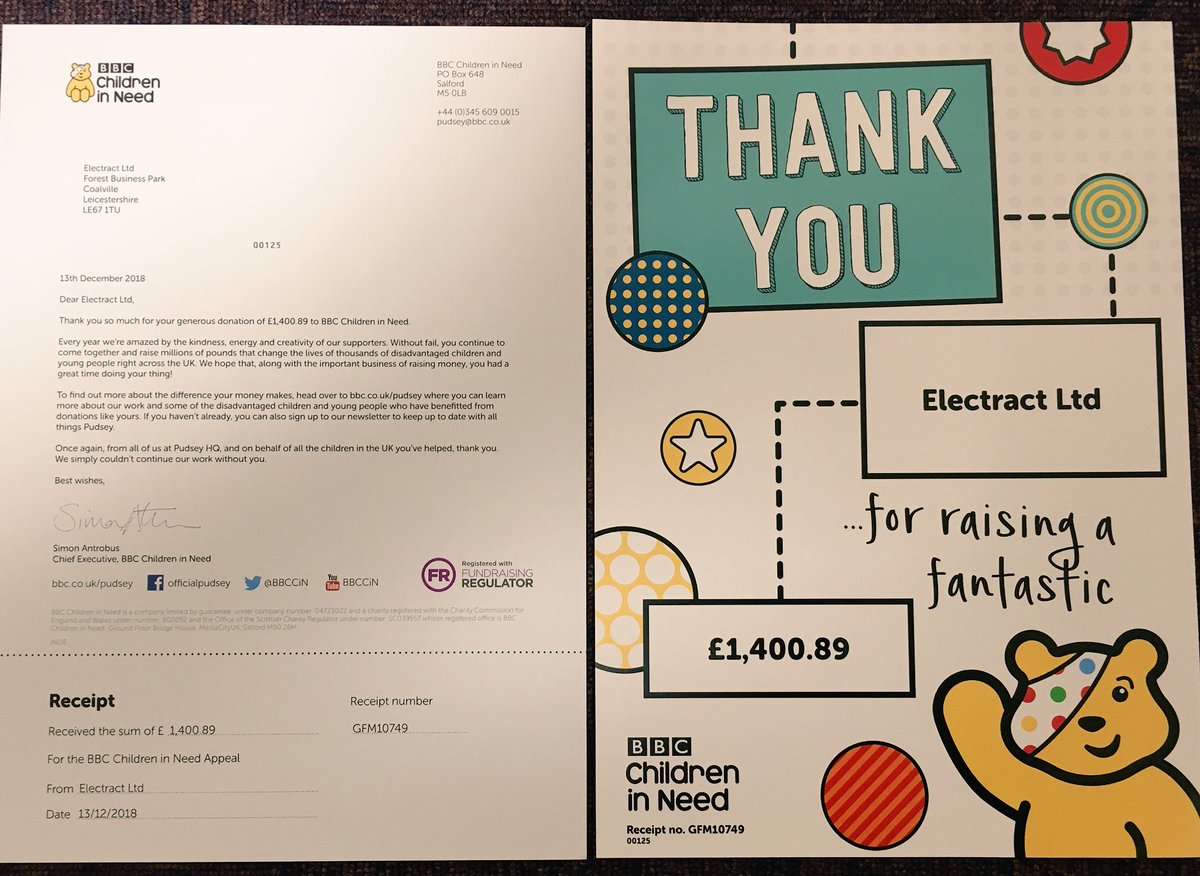 Certificate &amp; Thank You received from <a href="/BBCCiN/">BBC Children in Need</a>
