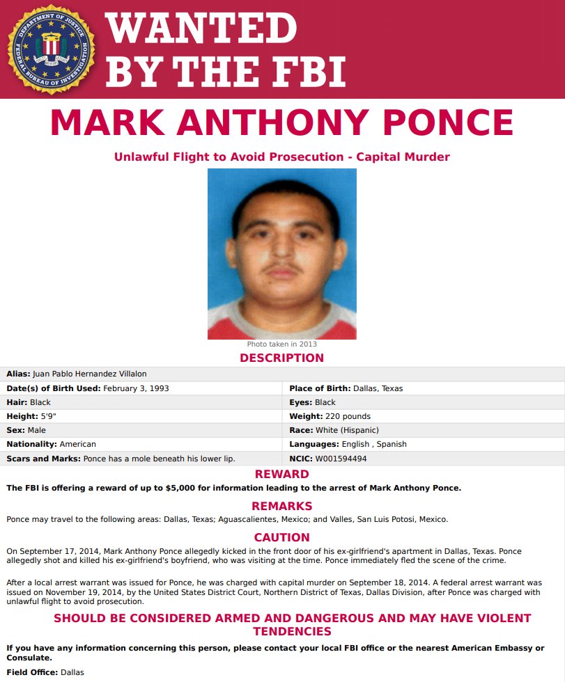 FBI's tweet photo. The #FBI is seeking the public's help to locate Mark Anthony Ponce, who is wanted for allegedly shooting &amp; killing his ex-girlfriend's boyfriend on 9/17/2014. The FBI is offering a reward of up to $5K for info leading to Ponce's arrest. #WantedWednesday https://t.co/gVg3HojtwY https://t.co/aqhiHRF9Gr