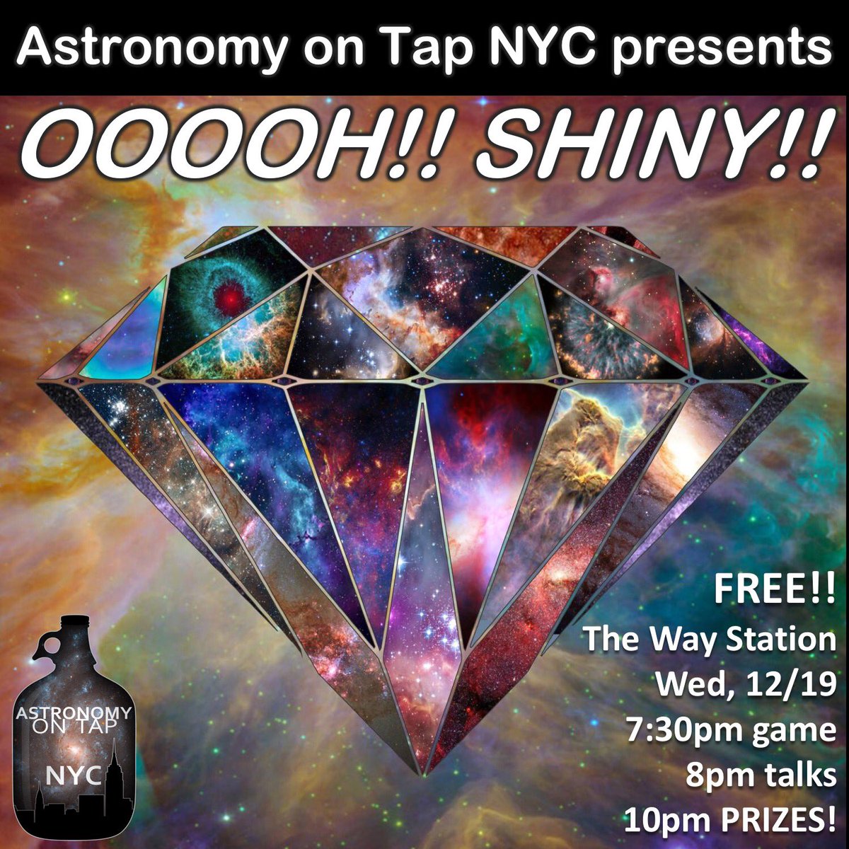 AstroOnTapNYC's tweet photo. Stop by @waystationbk TONIGHT for a celebration of all things shiny in the universe! Talks by @PrettyTelescope, @JPegAstro, @scattered_roots, &amp; @arlineelee, plus cupcakes! and free NASA @Space_Station calendars! and prizes! and beer!!!  More info/rsvp - https://t.co/oJzRSFIMo0 https://t.co/yUhGIfEqzA