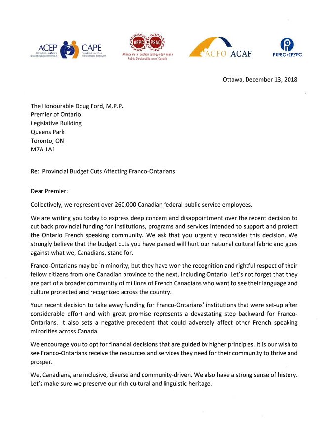 CAPE_ACEP's tweet photo. Standing in solidarity with Franco-Ontarians, CAPE @psacnat @PIPSC_IPFPC and @acfoacaf have submitted a joint open letter to @fordnation @ONgov to reconsider budget cuts #Onfr #LaRésistance #polcan #cdnpoli @MonAssemblee https://t.co/7xDeTNIBSa