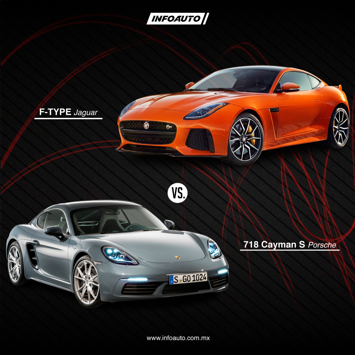 InfoautoMx's tweet photo. El carácter explosivo del F-Type, cuenta con tecnología de motor gasolina turbo de 4 cilindros, 2.o litros y 221 kW 300 HP. Contra Porsche 718 Cayman y su potencia 300 PS/257 kW.
Busca y compara en 
👉🏻 https://t.co/if5rSQfvQz👈🏻 https://t.co/UVCAuaTERx